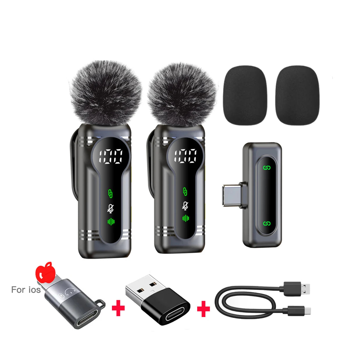 Wireless lavalier mic set with furry windshields, digital display, and iOS/USB-C adapters for mobile vlogging