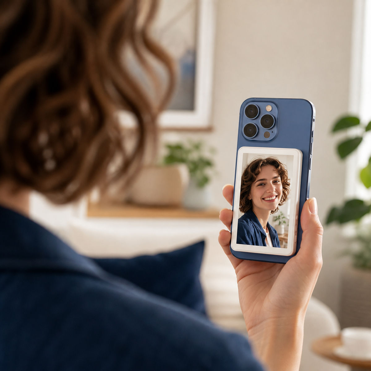 Creator checking framing on a white selfie monitor attached to the back of a phone