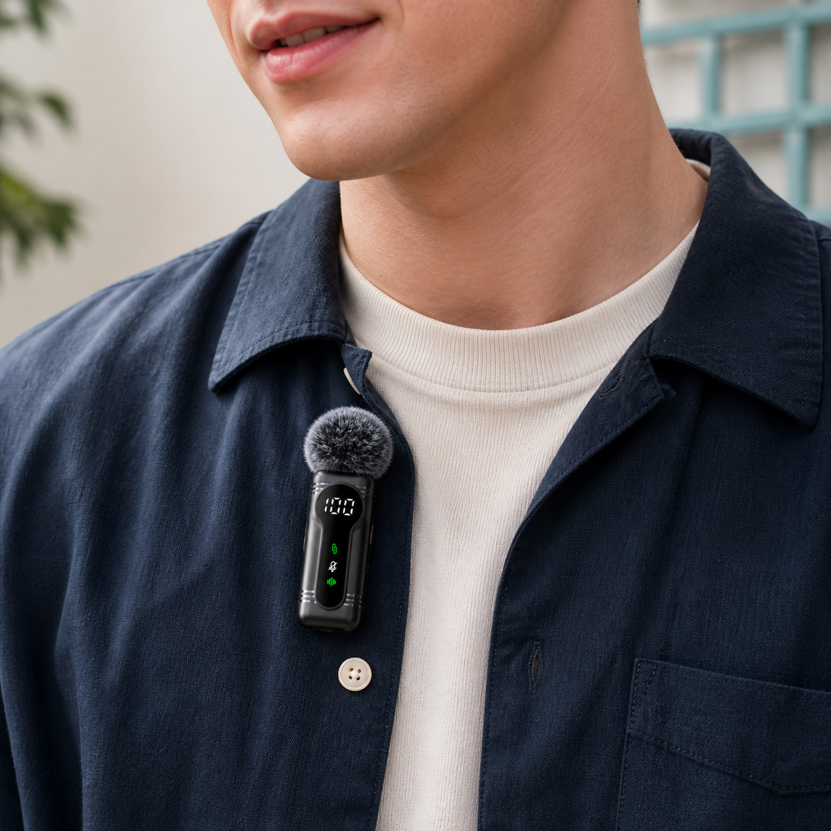 Wireless clip-on microphone attached to a creator's shirt for spoken video