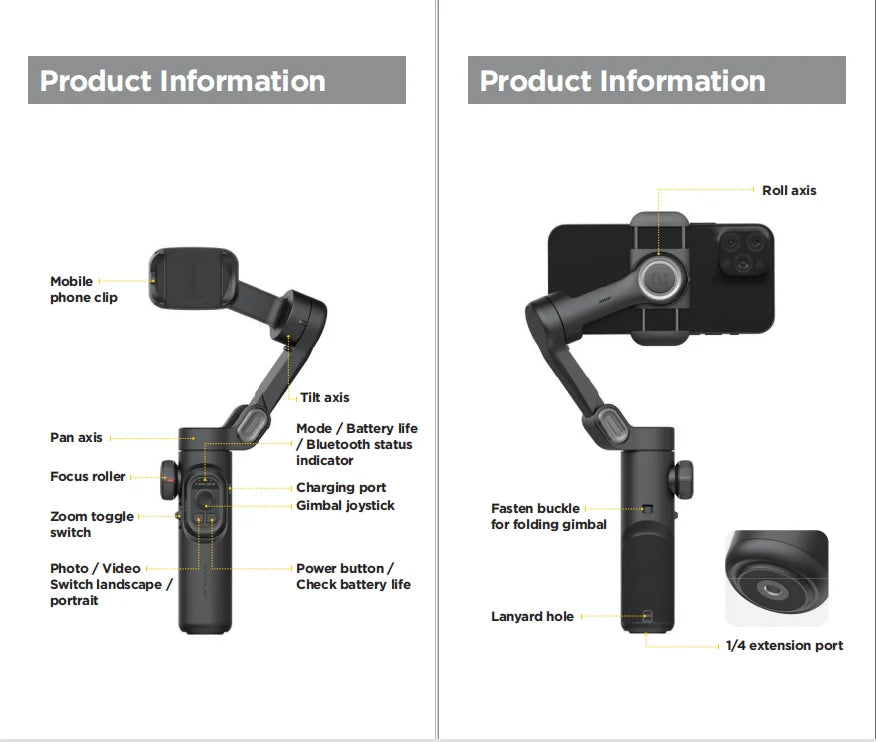 Mobile gimbal with labeled parts for vlogging, including pan, tilt, roll axes, and charging port
