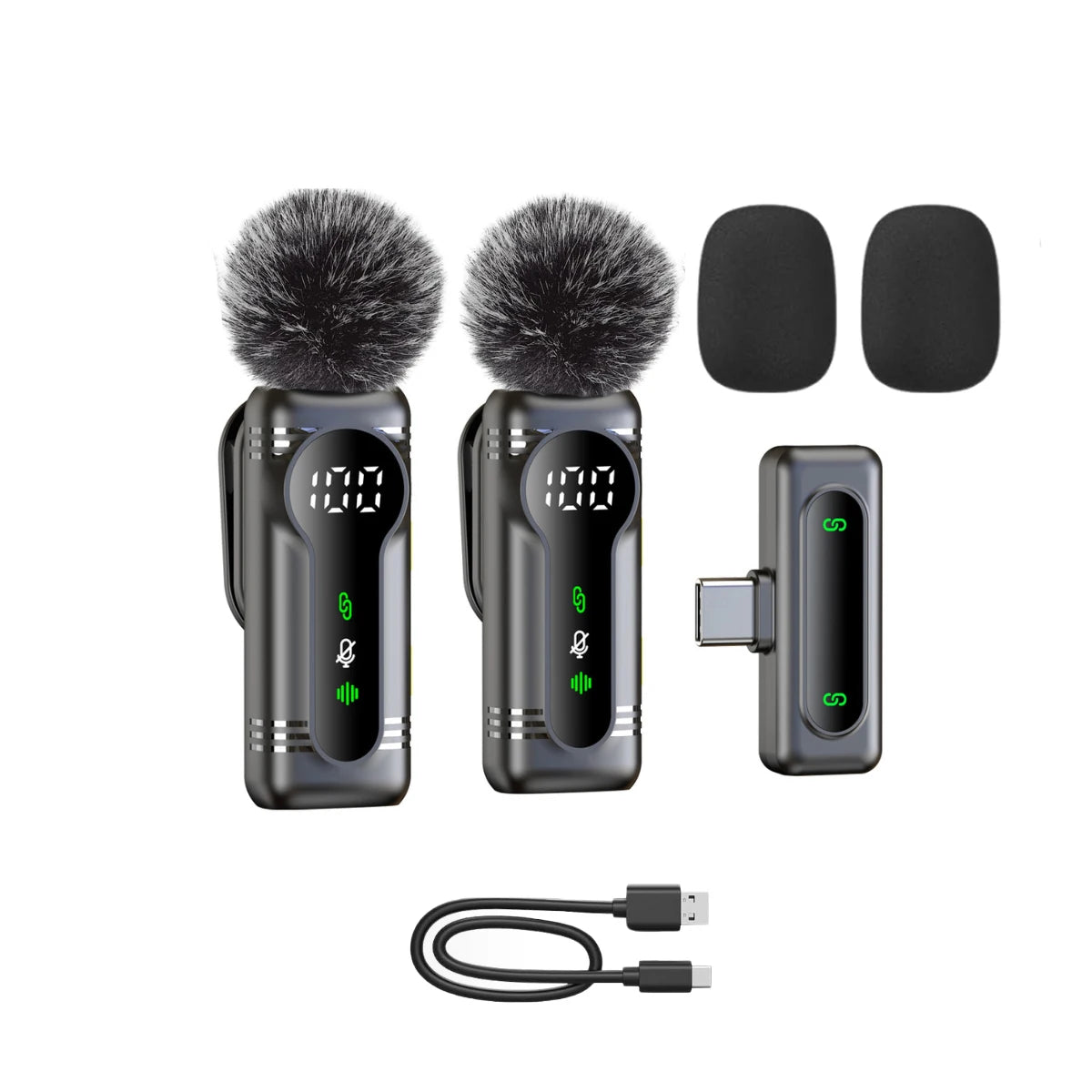 Wireless lavalier mic set with fluffy windmuffs, digital display, USB-C receiver, and charging cable for mobile vlogging