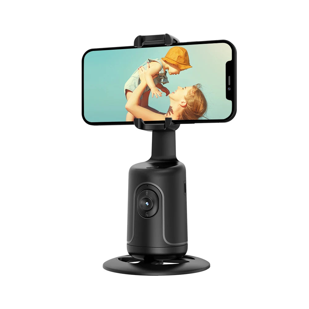 Smartphone mounted on sleek black vlogging rig with auto-tracking camera for smooth mobile content creation