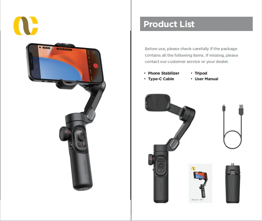 Smart XE phone stabilizer with tripod, Type-C cable, and user manual for mobile vlogging