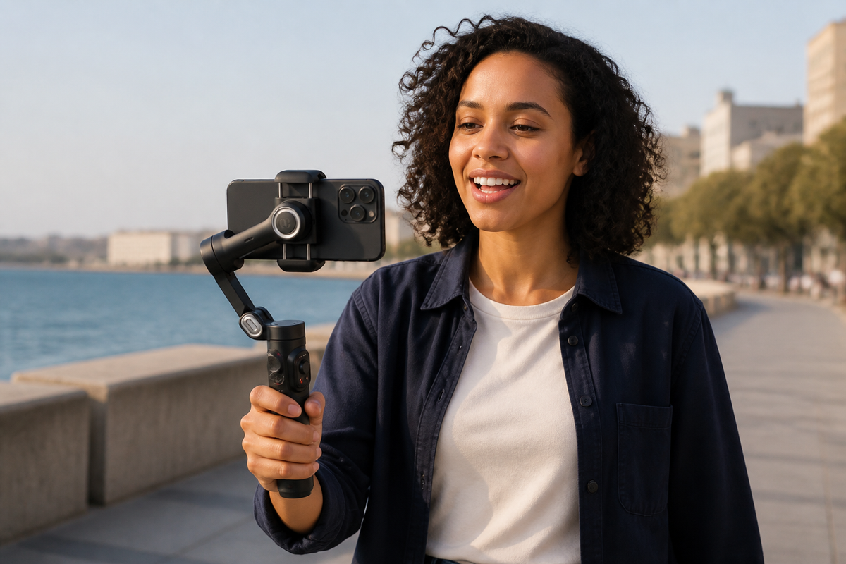 Creator filming by the waterfront with a smartphone on a handheld gimbal