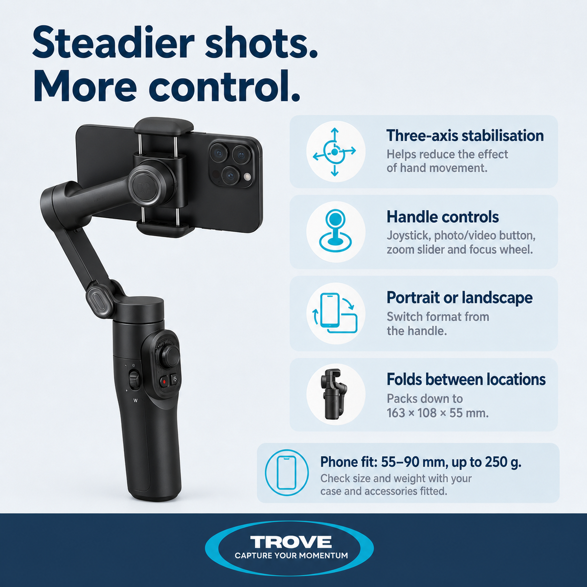 Trove feature overview showing the three-axis phone gimbal controls, folding design and portrait or landscape filming