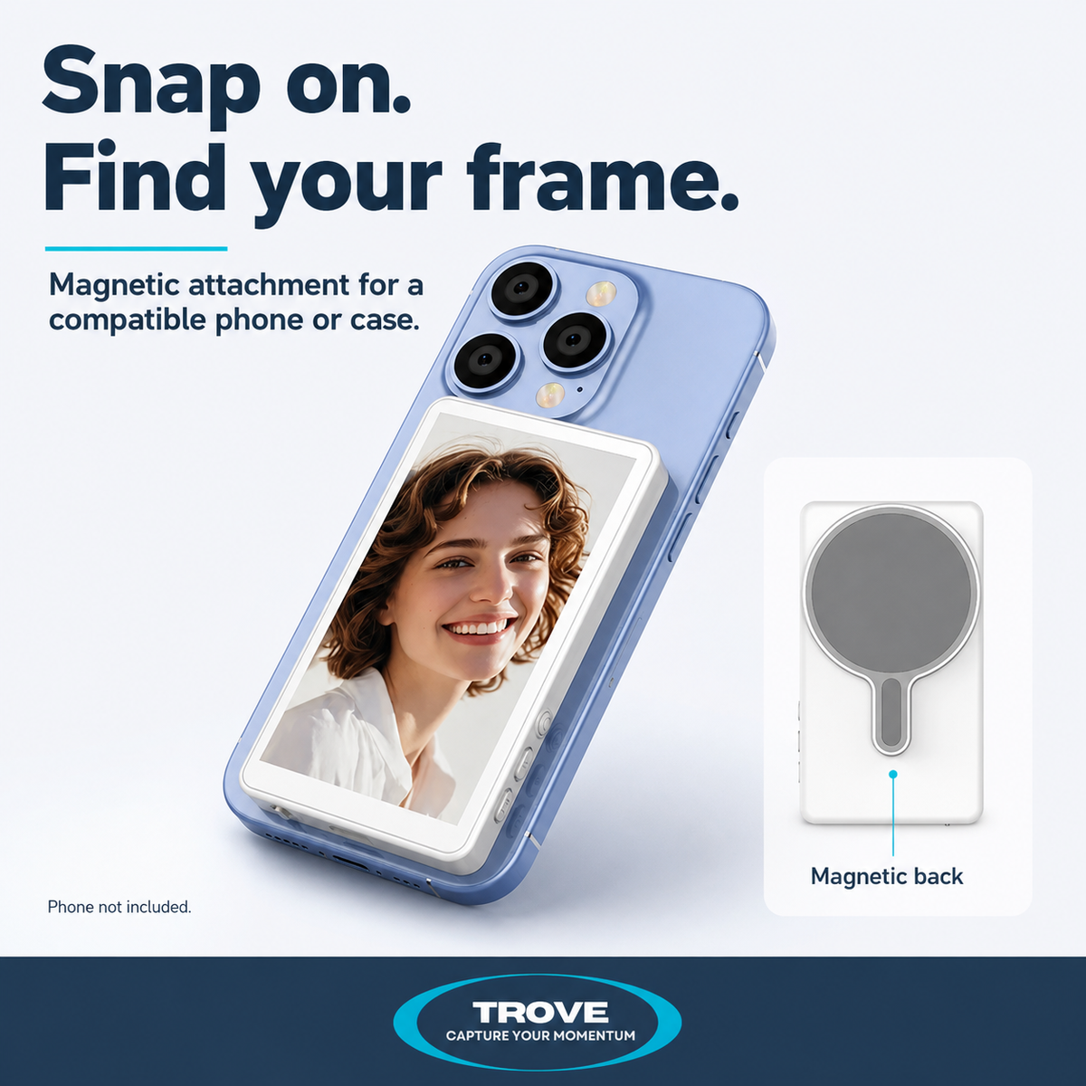 Trove guide showing the selfie monitor's magnetic back and attachment to a compatible phone