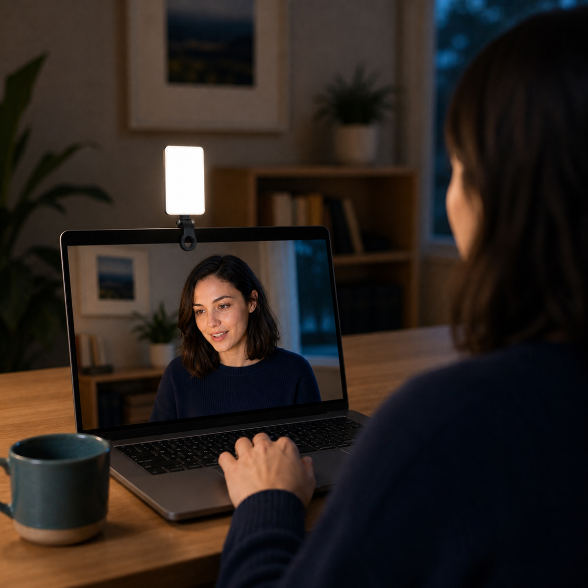 Creator recording at a laptop with a compact clip-on LED light