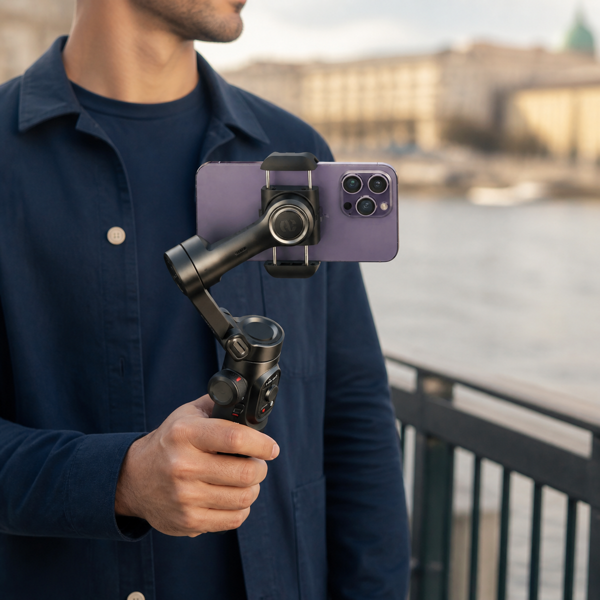 Creator holding a smartphone gimbal while filming outdoors